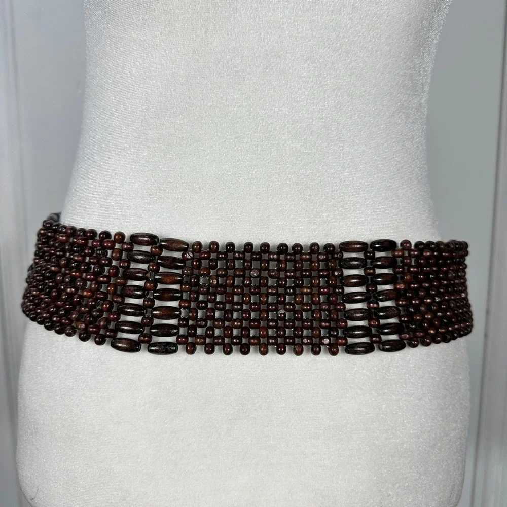 Vintage Brown Wooden Bead Wide Tie Belt Woven Boho Hippie Adjustable Waist